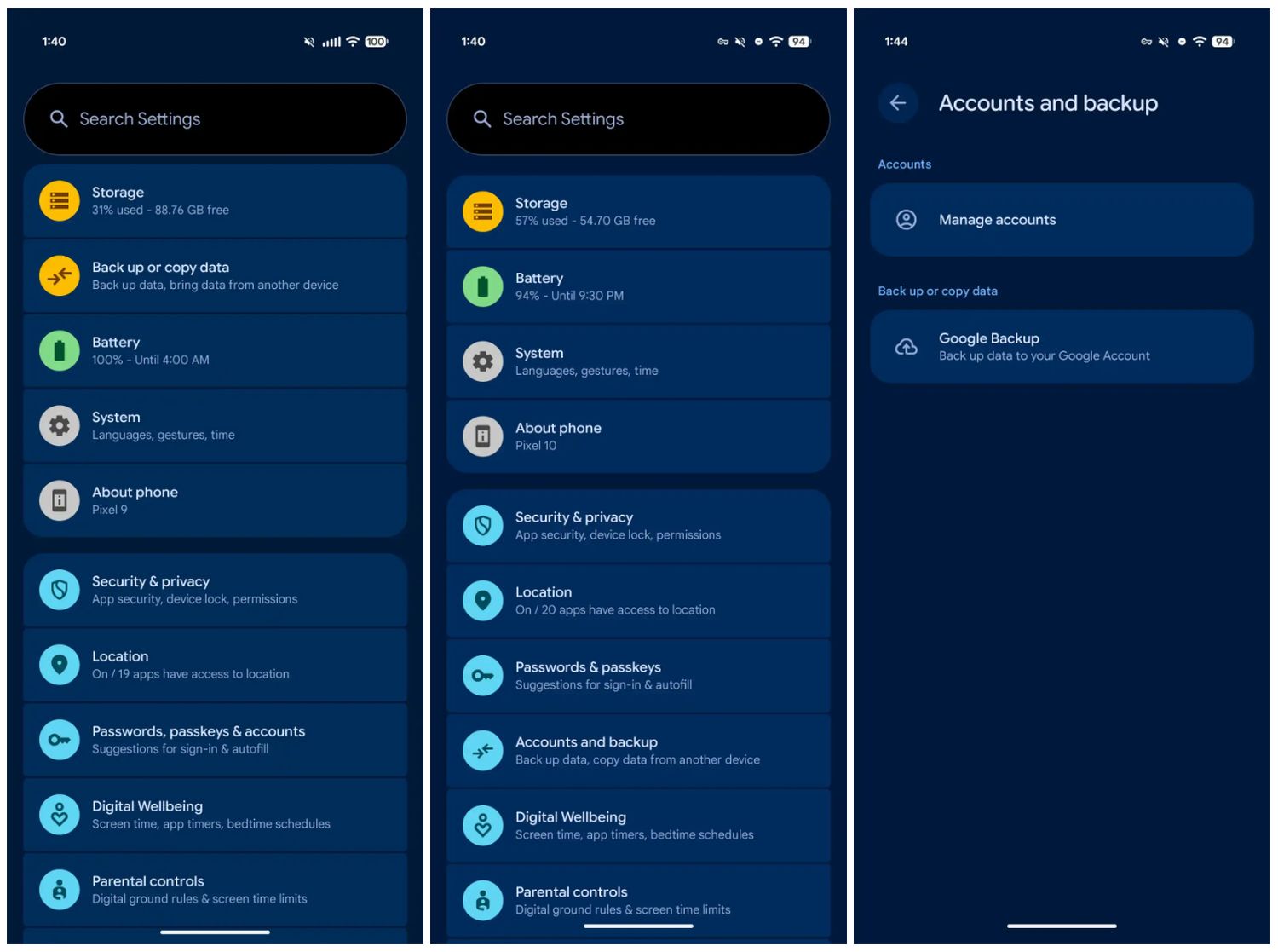 android 17 settings backup account