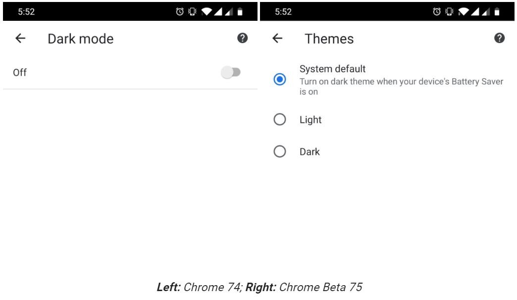 chrome for android 75 beta dark mode themes
