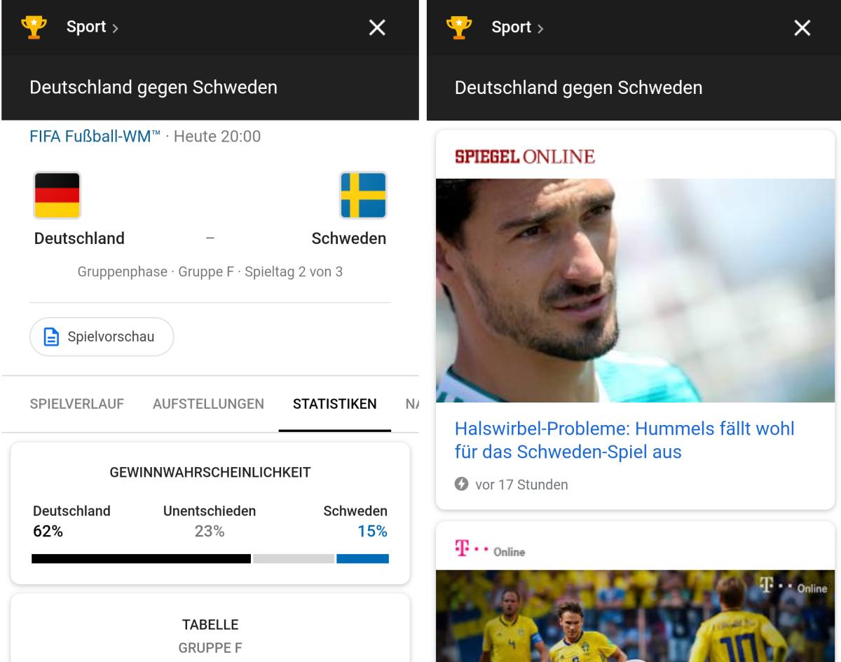 Deutschland - Schweden Liveticker, Widget, Aufstellung and Prognosen - So informiert Google über alle WM-Spiele
