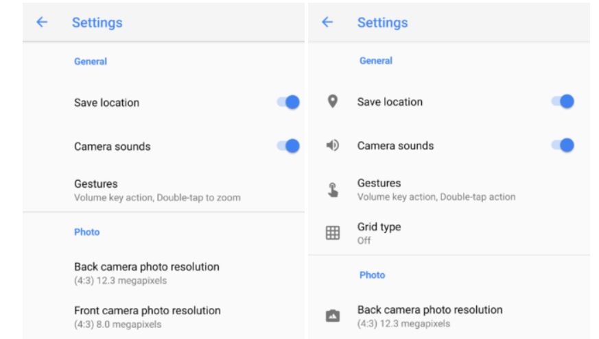 google camera einstellungen icons
