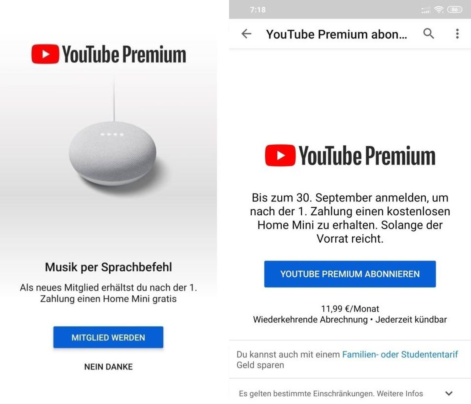 google home mini gratis youtube premium