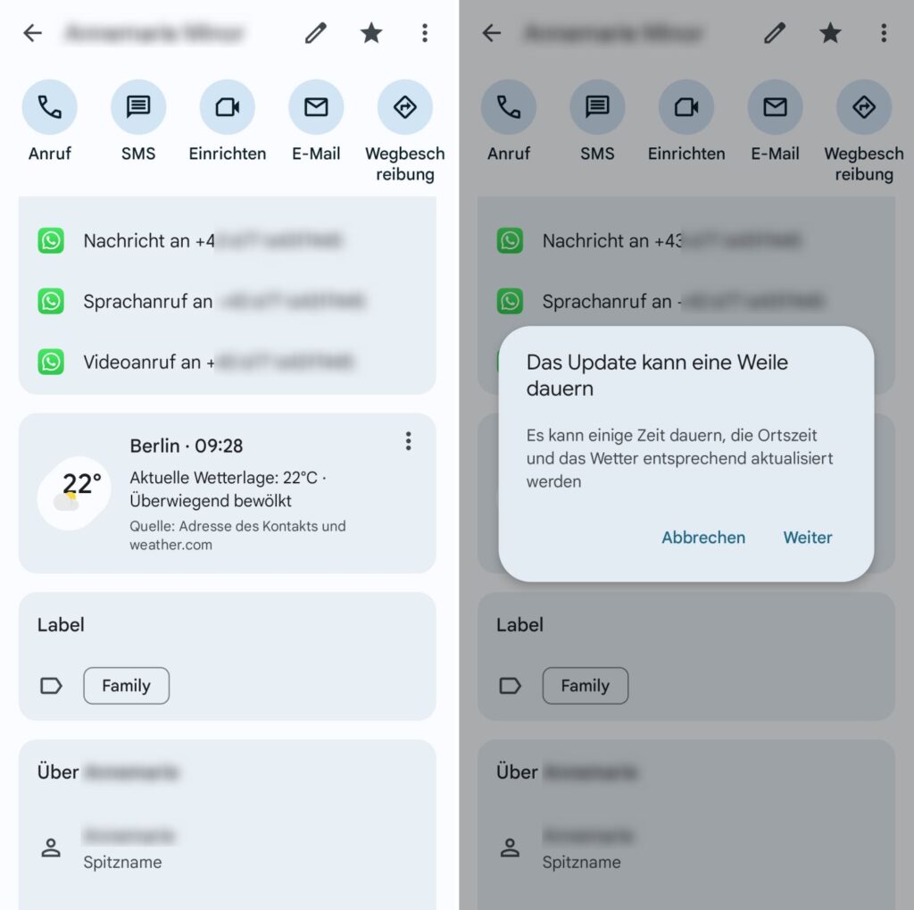 Google Kontakte Neue Infokarte zeigt die lokale Uhrzeit und das Wetter
