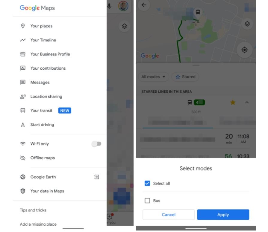 google maps menu my transit