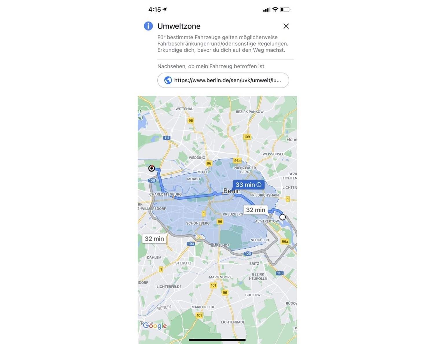 google maps umweltzone navigation routenplanung