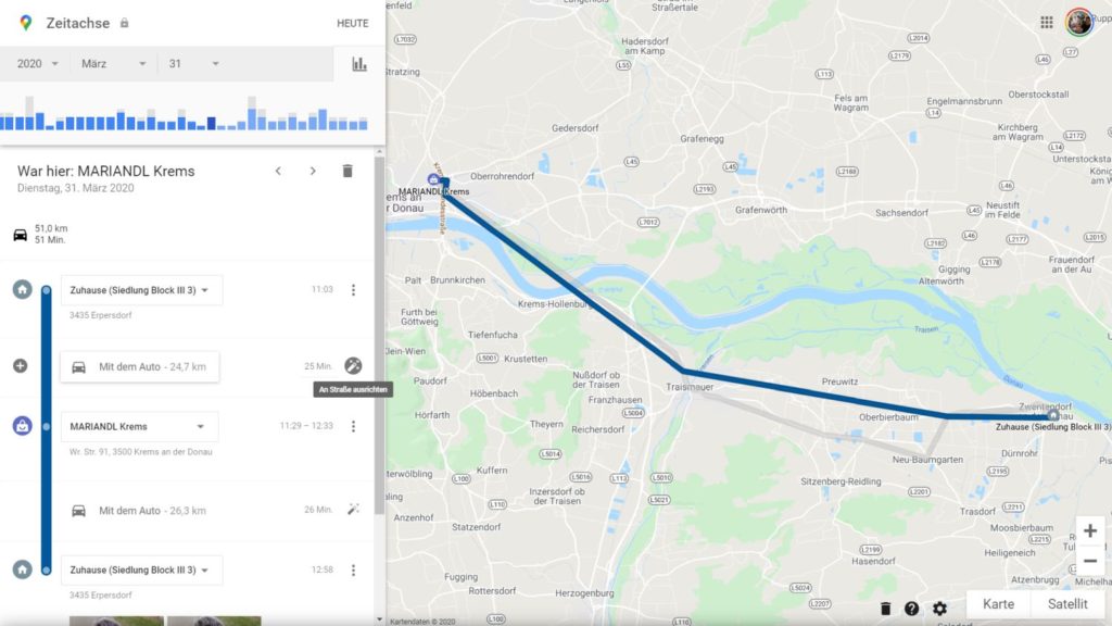 Google Maps Routen in der Zeitachse so lassen sich die erkannten Wege automatisch und manuell
