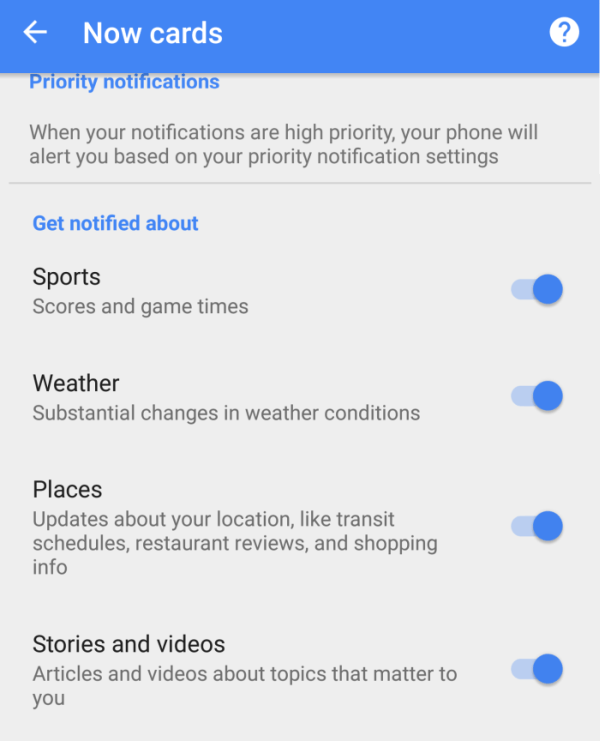 google now notifications settings