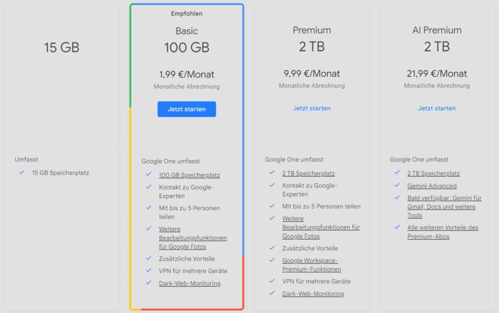 Google One Neues beim GoogleSpeicherplatzAbo alle Preise, Kontingente und Vorteile in der