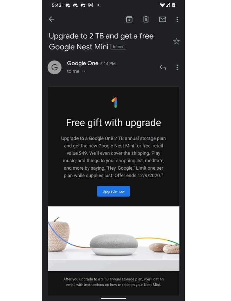 smart speaker gratis google one email