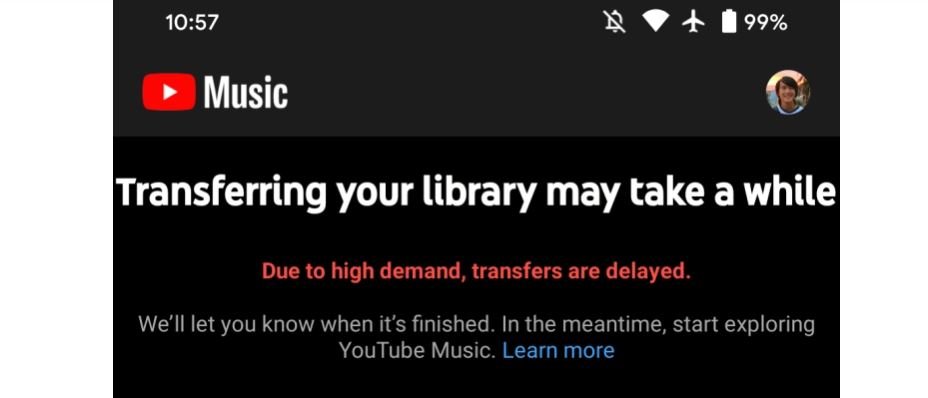 youtube music transfer delayed